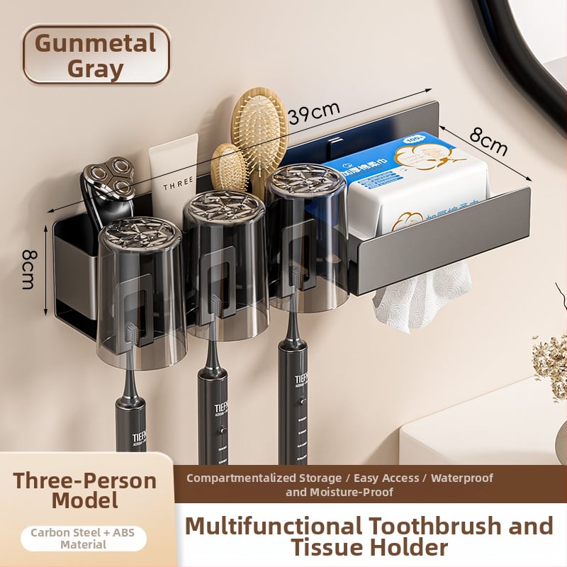Raft de baie pentru depozitare cu suport pentru pahare de gură, suport pentru periuțe de dinți și suport pentru uscător de păr; din oțel cu conținut de carbon, finisaj vopsire la cuptor, încărcare 10–15 kg, stil modern minimalist