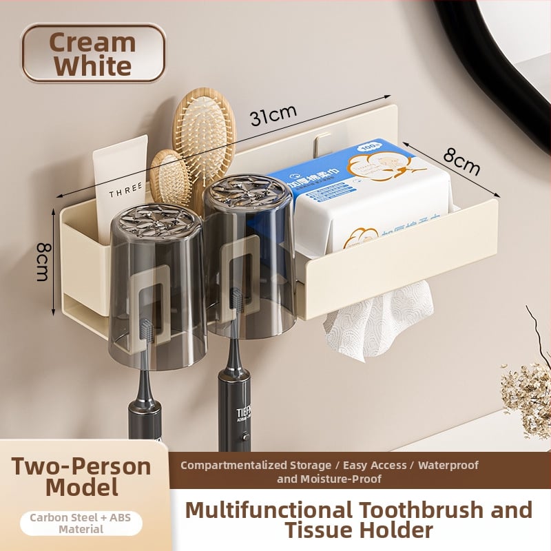 Raft de baie pentru depozitare cu suport pentru pahare de gură, suport pentru periuțe de dinți și suport pentru uscător de păr; din oțel cu conținut de carbon, finisaj vopsire la cuptor, încărcare 10–15 kg, stil modern minimalist