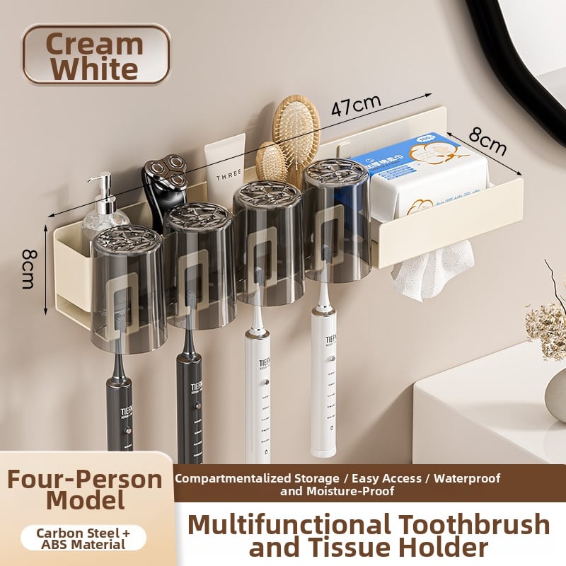 Raft de baie pentru depozitare cu suport pentru pahare de gură, suport pentru periuțe de dinți și suport pentru uscător de păr; din oțel cu conținut de carbon, finisaj vopsire la cuptor, încărcare 10–15 kg, stil modern minimalist