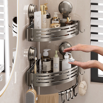 Raft de baie cu ventuză, montat pe perete, 3 etaje triunghiulare, ABS, stil Nordic, încărcătură 10–15 kg