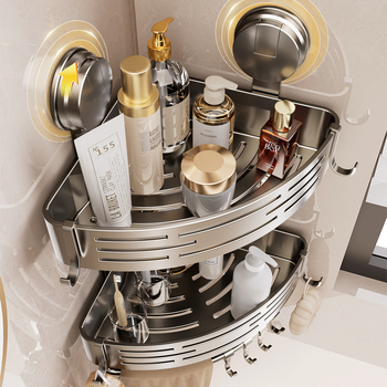 Raft de baie cu ventuză, montat pe perete, 3 etaje triunghiulare, ABS, stil Nordic, încărcătură 10–15 kg