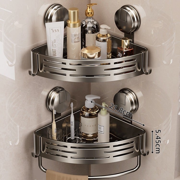 Raft de baie cu ventuză, montat pe perete, 3 etaje triunghiulare, ABS, stil Nordic, încărcătură 10–15 kg