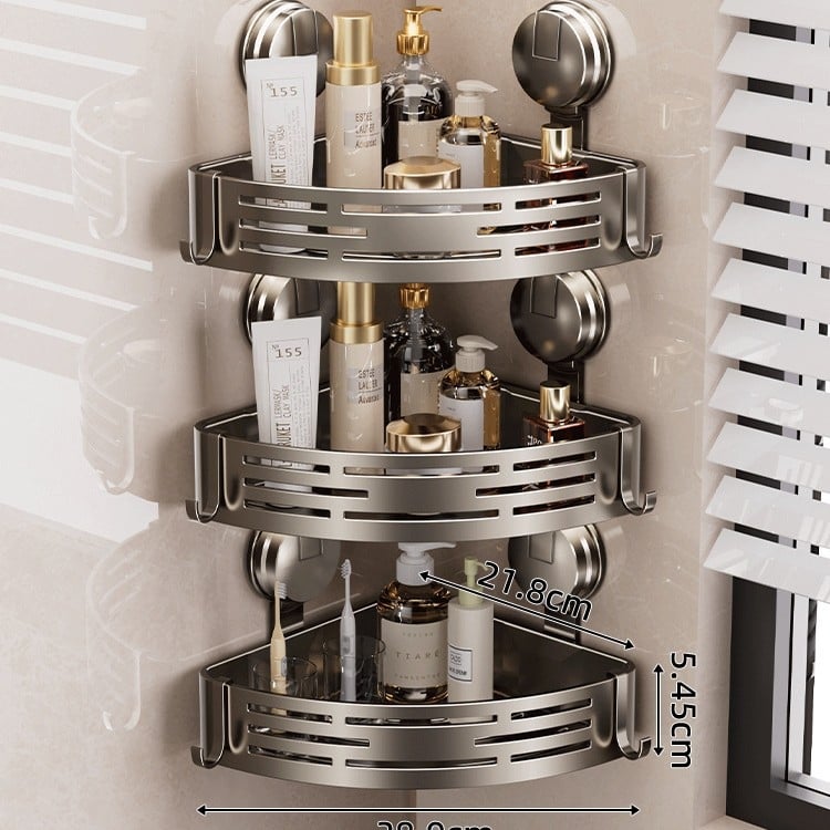 Raft de baie cu ventuză, montat pe perete, 3 etaje triunghiulare, ABS, stil Nordic, încărcătură 10–15 kg