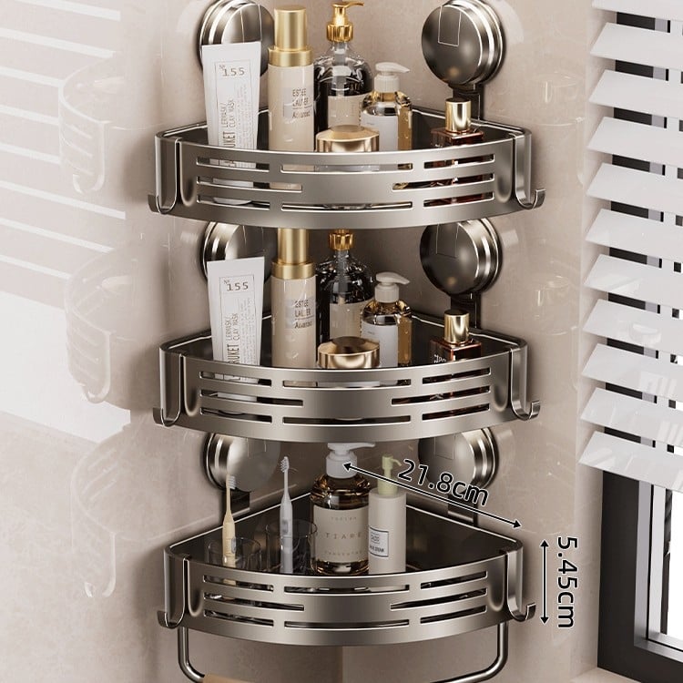 Raft de baie cu ventuză, montat pe perete, 3 etaje triunghiulare, ABS, stil Nordic, încărcătură 10–15 kg