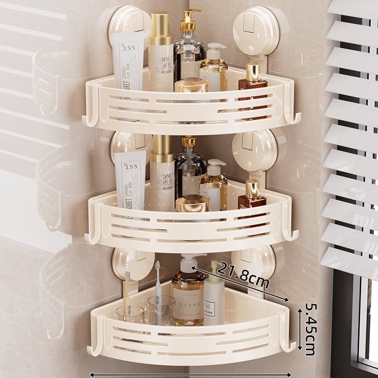 Raft de baie cu ventuză, montat pe perete, 3 etaje triunghiulare, ABS, stil Nordic, încărcătură 10–15 kg