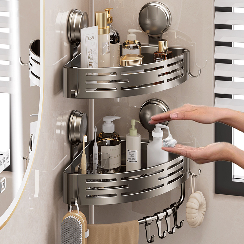 Raft de baie cu ventuză, montat pe perete, 3 etaje triunghiulare, ABS, stil Nordic, încărcătură 10–15 kg