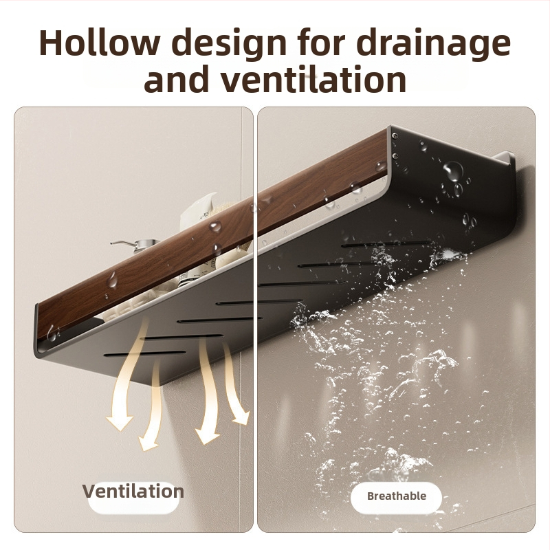 Nástenný kúpeľňový regál s orechovým vzhľadom, bez vŕtania, dvojposchodový, materiál: uhlíková oceľ + akryl, nosnosť 25–30 kg