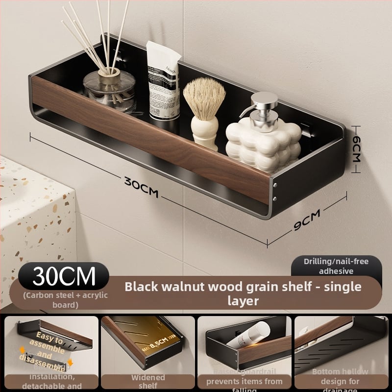 Raft de baie pe perete, aspect nuc, fără găuri, două niveluri, din oțel carbon și acrilic, încărcare 25–30 kg