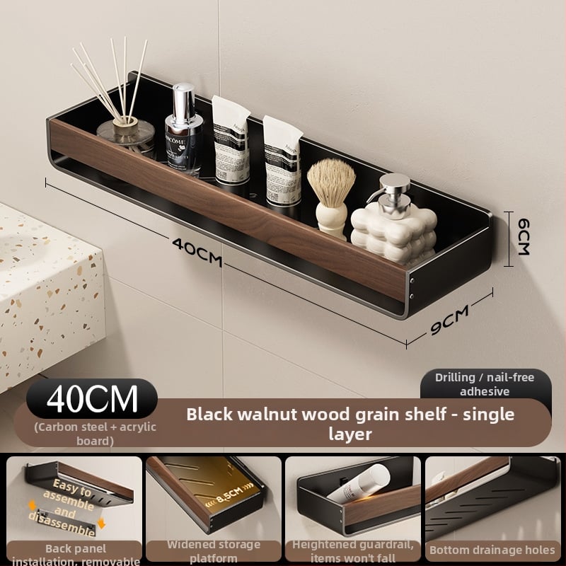 Raft de baie pe perete, aspect nuc, fără găuri, două niveluri, din oțel carbon și acrilic, încărcare 25–30 kg