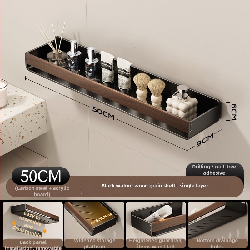 Raft de baie pe perete, aspect nuc, fără găuri, două niveluri, din oțel carbon și acrilic, încărcare 25–30 kg