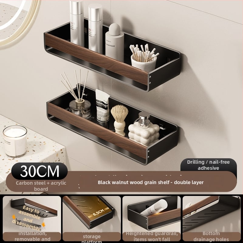 Raft de baie pe perete, aspect nuc, fără găuri, două niveluri, din oțel carbon și acrilic, încărcare 25–30 kg