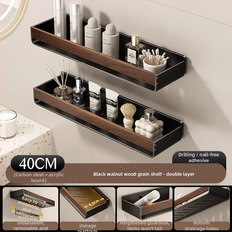 Raft de baie pe perete, aspect nuc, fără găuri, două niveluri, din oțel carbon și acrilic, încărcare 25–30 kg