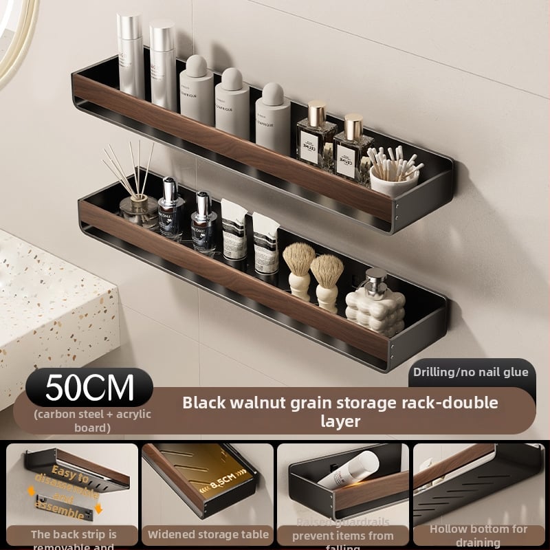 Raft de baie pe perete, aspect nuc, fără găuri, două niveluri, din oțel carbon și acrilic, încărcare 25–30 kg