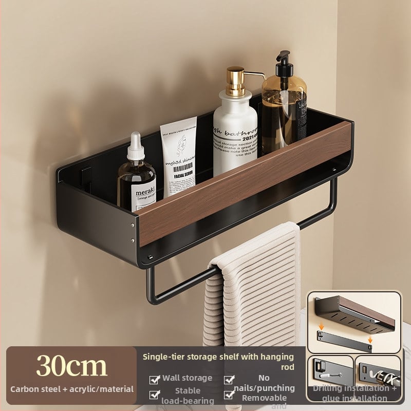 Raft de baie pe perete, aspect nuc, fără găuri, două niveluri, din oțel carbon și acrilic, încărcare 25–30 kg