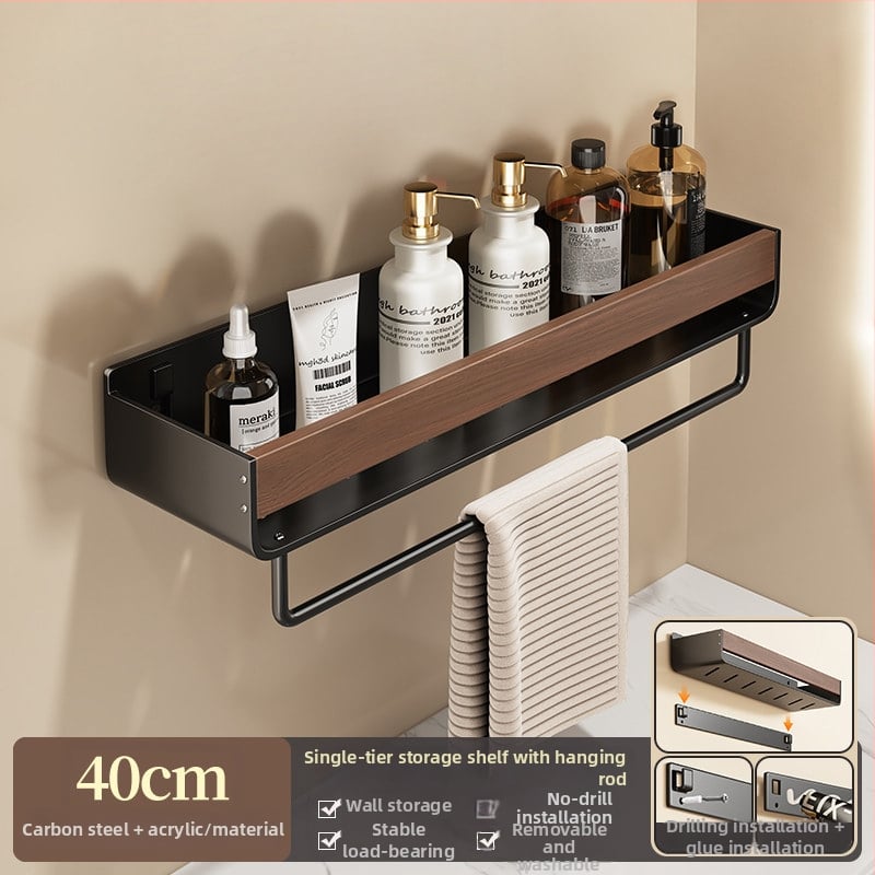 Raft de baie pe perete, aspect nuc, fără găuri, două niveluri, din oțel carbon și acrilic, încărcare 25–30 kg