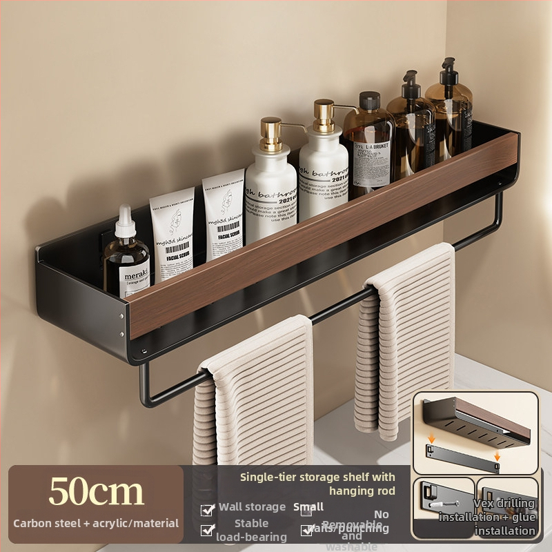 Raft de baie pe perete, aspect nuc, fără găuri, două niveluri, din oțel carbon și acrilic, încărcare 25–30 kg