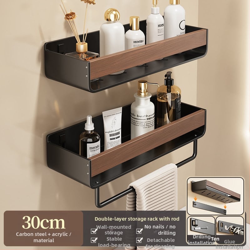 Raft de baie pe perete, aspect nuc, fără găuri, două niveluri, din oțel carbon și acrilic, încărcare 25–30 kg