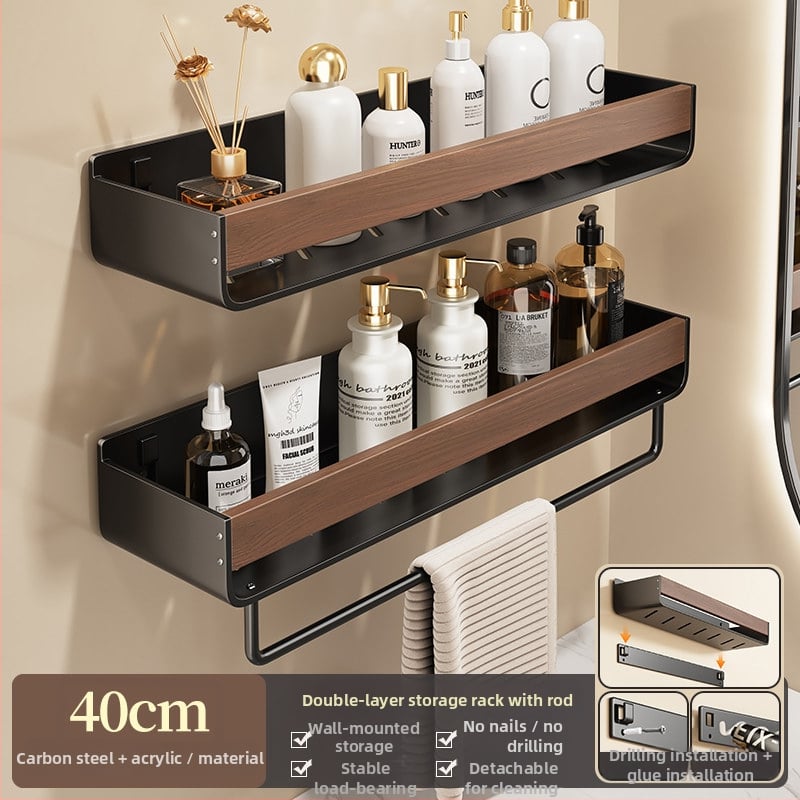 Raft de baie pe perete, aspect nuc, fără găuri, două niveluri, din oțel carbon și acrilic, încărcare 25–30 kg