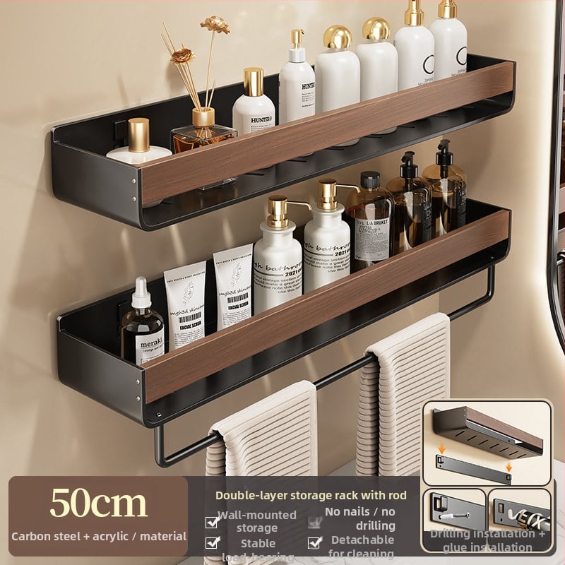 Raft de baie pe perete, aspect nuc, fără găuri, două niveluri, din oțel carbon și acrilic, încărcare 25–30 kg