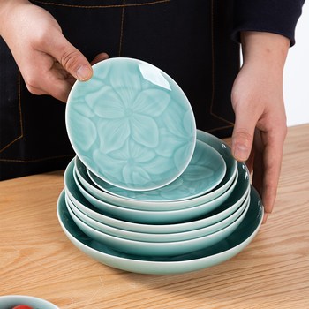 Farfurie de servire Longquan Celadon din porțelan, model floral, formă circulară, stil modern minimalist
