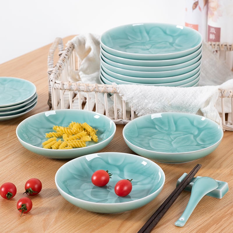 Farfurie de servire Longquan Celadon din porțelan, model floral, formă circulară, stil modern minimalist