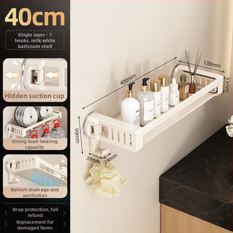 Raft de baie din aliaj de aluminiu, cu ventuză, montaj pe perete fără găuri, 1 etaj, finisaj anodizat, sarcină 30 kg