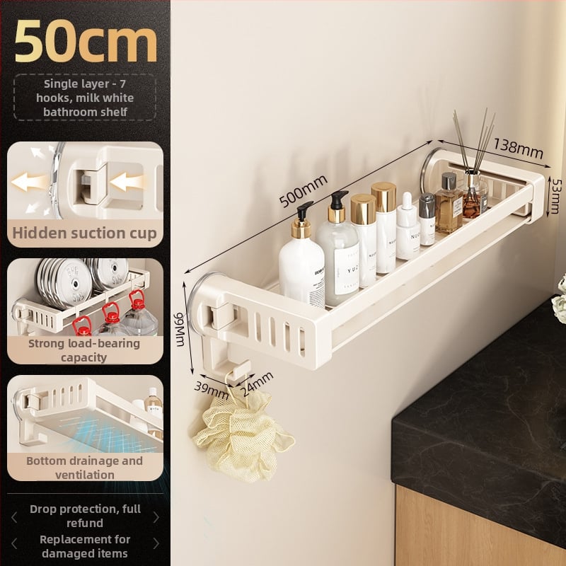 Raft de baie din aliaj de aluminiu, cu ventuză, montaj pe perete fără găuri, 1 etaj, finisaj anodizat, sarcină 30 kg