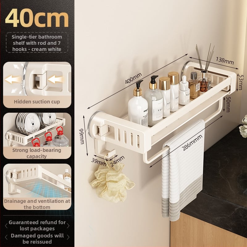 Raft de baie din aliaj de aluminiu, cu ventuză, montaj pe perete fără găuri, 1 etaj, finisaj anodizat, sarcină 30 kg