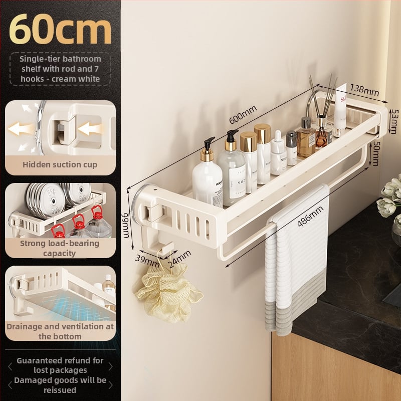 Raft de baie din aliaj de aluminiu, cu ventuză, montaj pe perete fără găuri, 1 etaj, finisaj anodizat, sarcină 30 kg