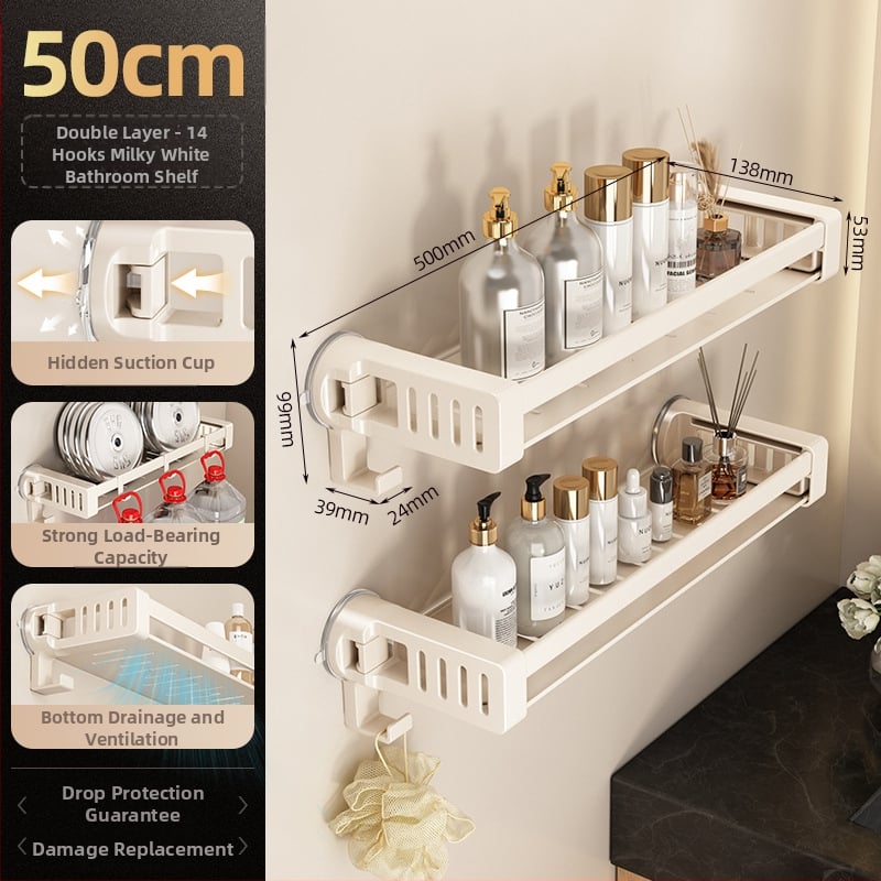 Raft de baie din aliaj de aluminiu, cu ventuză, montaj pe perete fără găuri, 1 etaj, finisaj anodizat, sarcină 30 kg