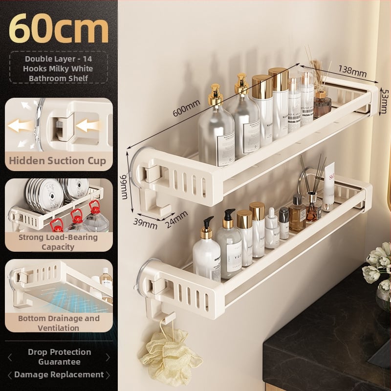 Raft de baie din aliaj de aluminiu, cu ventuză, montaj pe perete fără găuri, 1 etaj, finisaj anodizat, sarcină 30 kg