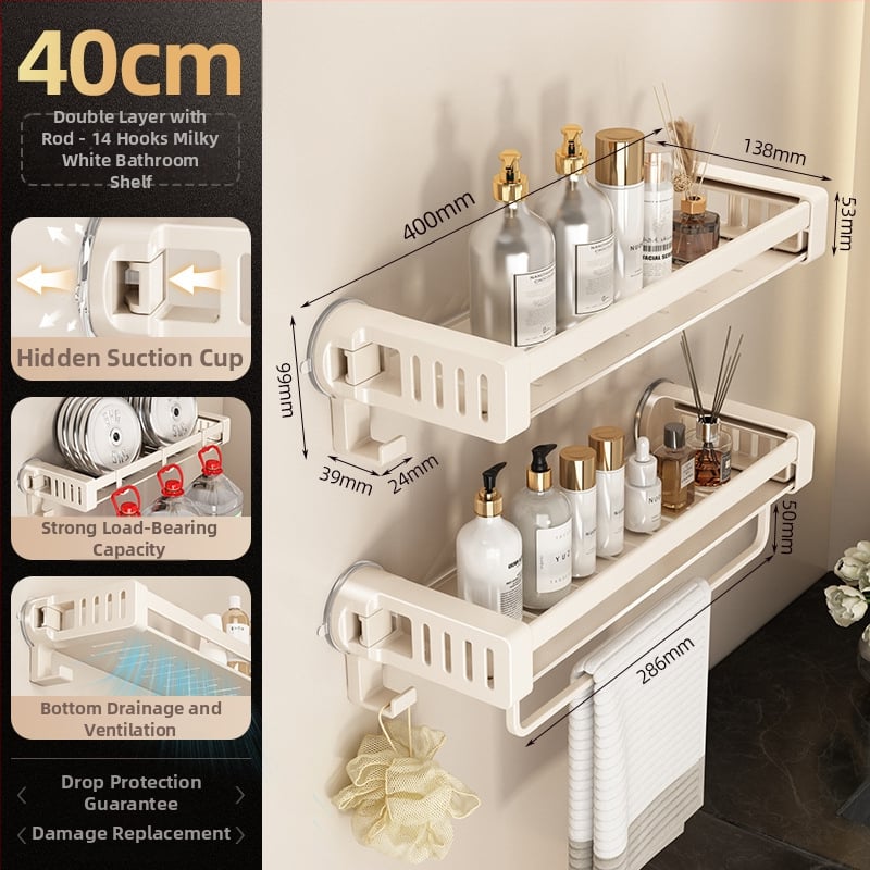 Raft de baie din aliaj de aluminiu, cu ventuză, montaj pe perete fără găuri, 1 etaj, finisaj anodizat, sarcină 30 kg