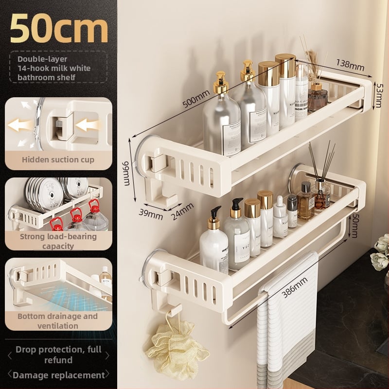 Raft de baie din aliaj de aluminiu, cu ventuză, montaj pe perete fără găuri, 1 etaj, finisaj anodizat, sarcină 30 kg