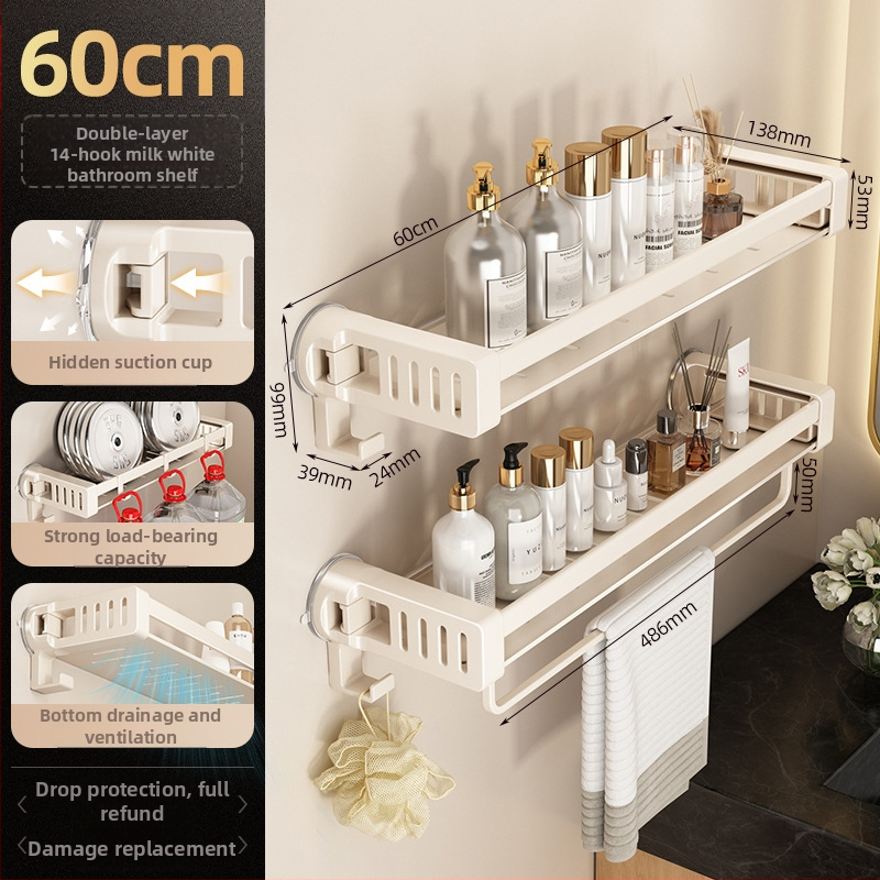 Raft de baie din aliaj de aluminiu, cu ventuză, montaj pe perete fără găuri, 1 etaj, finisaj anodizat, sarcină 30 kg