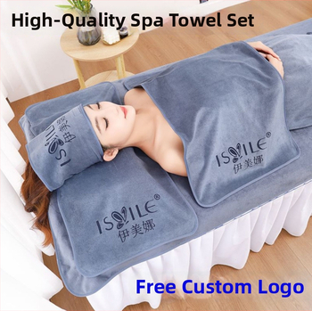 Grožio salono rankšluosnių komplektas: pagalvės rankšluostis, krūtinės rankšluostis su skylute, lovos rankšluostis ir galvos rankšluostis; mikropluoštas, 430 gsm, 80% mikropluošto + nailonas; logotipo pritaikymas; siuvimo kraštai