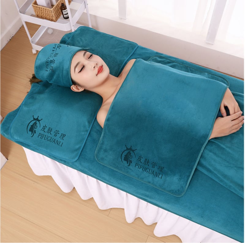 Σετ πετσελών ομορφιάς για σαλόνι: πετσέτα μαξιλαριού, πετσέτα θώρακα με οπή, πετσέτα κρεβατιού και πετσέτα κεφαλής· ύφασμα microfiber, 430 g/m², 80% microfiber + νάιλον· δυνατότητα λογότυπου· ραμμένο τελείωμα