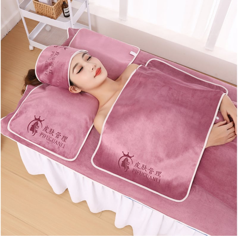 Σετ πετσελών ομορφιάς για σαλόνι: πετσέτα μαξιλαριού, πετσέτα θώρακα με οπή, πετσέτα κρεβατιού και πετσέτα κεφαλής· ύφασμα microfiber, 430 g/m², 80% microfiber + νάιλον· δυνατότητα λογότυπου· ραμμένο τελείωμα