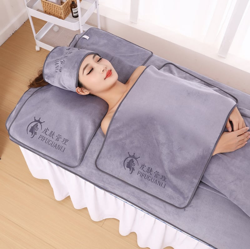 Σετ πετσελών ομορφιάς για σαλόνι: πετσέτα μαξιλαριού, πετσέτα θώρακα με οπή, πετσέτα κρεβατιού και πετσέτα κεφαλής· ύφασμα microfiber, 430 g/m², 80% microfiber + νάιλον· δυνατότητα λογότυπου· ραμμένο τελείωμα