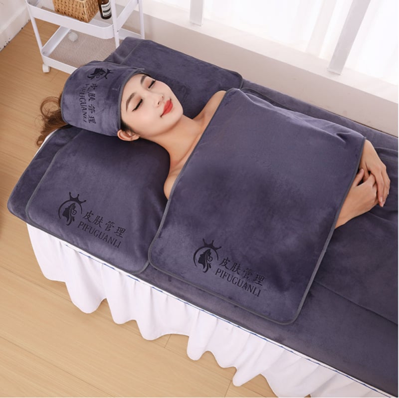 Σετ πετσελών ομορφιάς για σαλόνι: πετσέτα μαξιλαριού, πετσέτα θώρακα με οπή, πετσέτα κρεβατιού και πετσέτα κεφαλής· ύφασμα microfiber, 430 g/m², 80% microfiber + νάιλον· δυνατότητα λογότυπου· ραμμένο τελείωμα