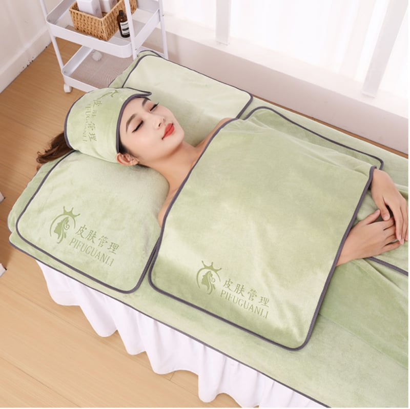 Σετ πετσελών ομορφιάς για σαλόνι: πετσέτα μαξιλαριού, πετσέτα θώρακα με οπή, πετσέτα κρεβατιού και πετσέτα κεφαλής· ύφασμα microfiber, 430 g/m², 80% microfiber + νάιλον· δυνατότητα λογότυπου· ραμμένο τελείωμα