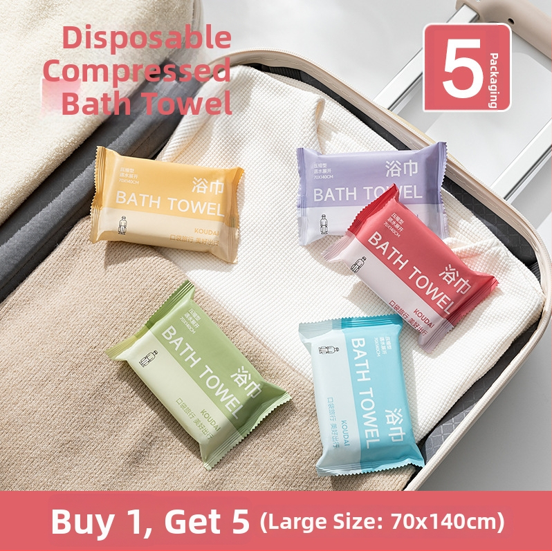 Pocket travel 5-pakiga ühekordne vannitoa rätik, kokku surutud, mikrokiud, lame kudumine, imavus 16–20 s