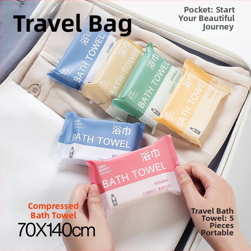 Pocket travel 5 paketų vienkartinis vonios rankšluostis, suspaustas, mikrofibra, plokščias audinys, įgeriamumas 16–20 s