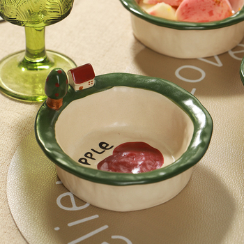 Kerámia tálak és tányérok készlet cartoon mintával, aranyos stílus, kör forma, mikrohullámú sütőben használható