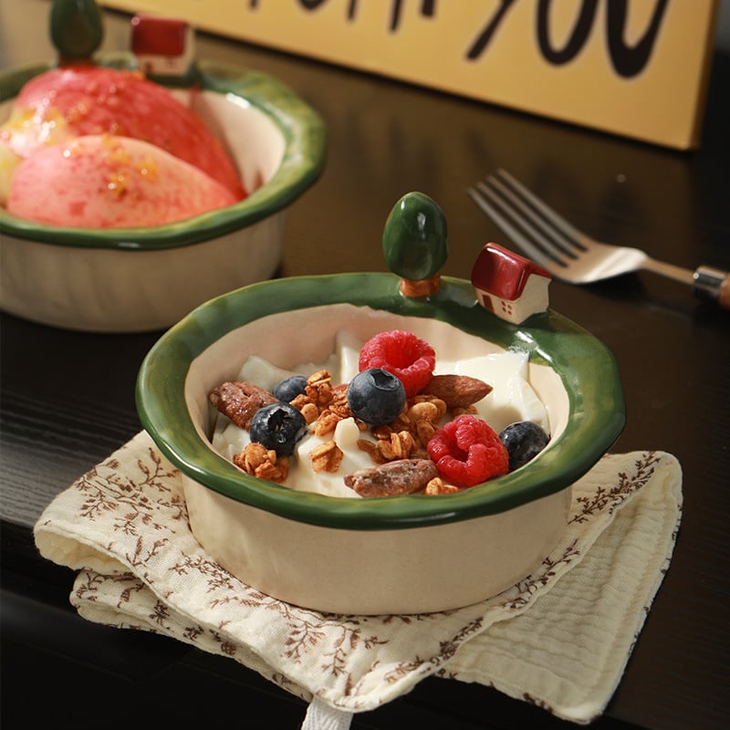 Kerámia tálak és tányérok készlet cartoon mintával, aranyos stílus, kör forma, mikrohullámú sütőben használható