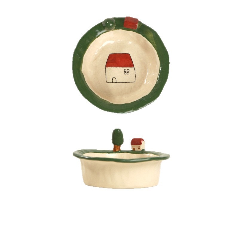 Kerámia tálak és tányérok készlet cartoon mintával, aranyos stílus, kör forma, mikrohullámú sütőben használható