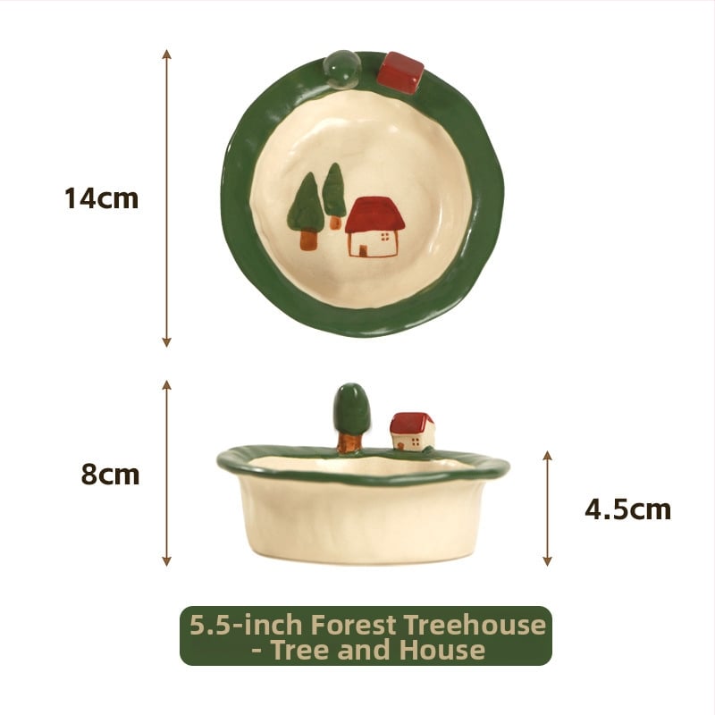 Kerámia tálak és tányérok készlet cartoon mintával, aranyos stílus, kör forma, mikrohullámú sütőben használható