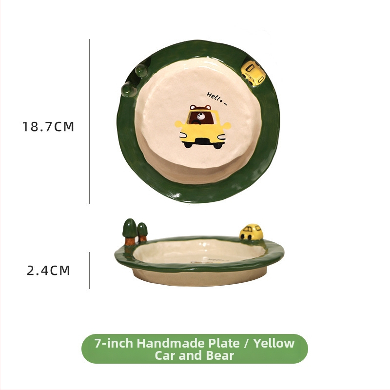 Kerámia tálak és tányérok készlet cartoon mintával, aranyos stílus, kör forma, mikrohullámú sütőben használható