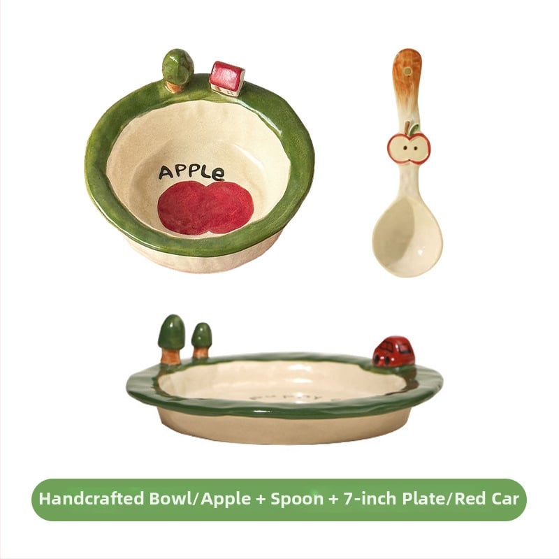 Kerámia tálak és tányérok készlet cartoon mintával, aranyos stílus, kör forma, mikrohullámú sütőben használható