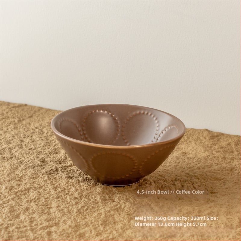 Kerámia tál domborított gyöngy-karika mintával, retro stílus, kerek alak, mikróban használható.