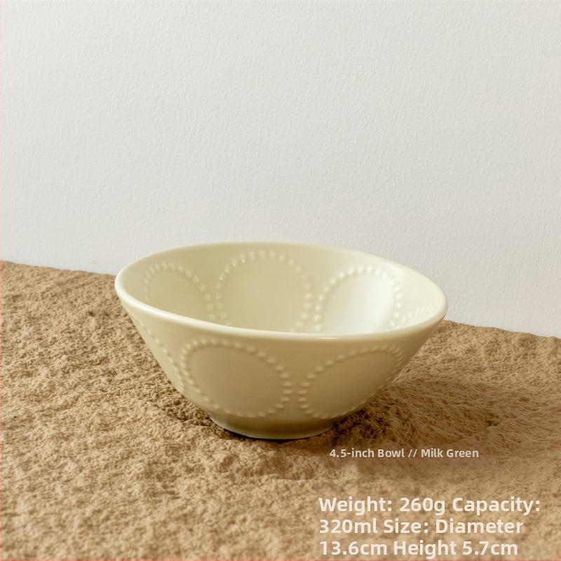 Kerámia tál domborított gyöngy-karika mintával, retro stílus, kerek alak, mikróban használható.